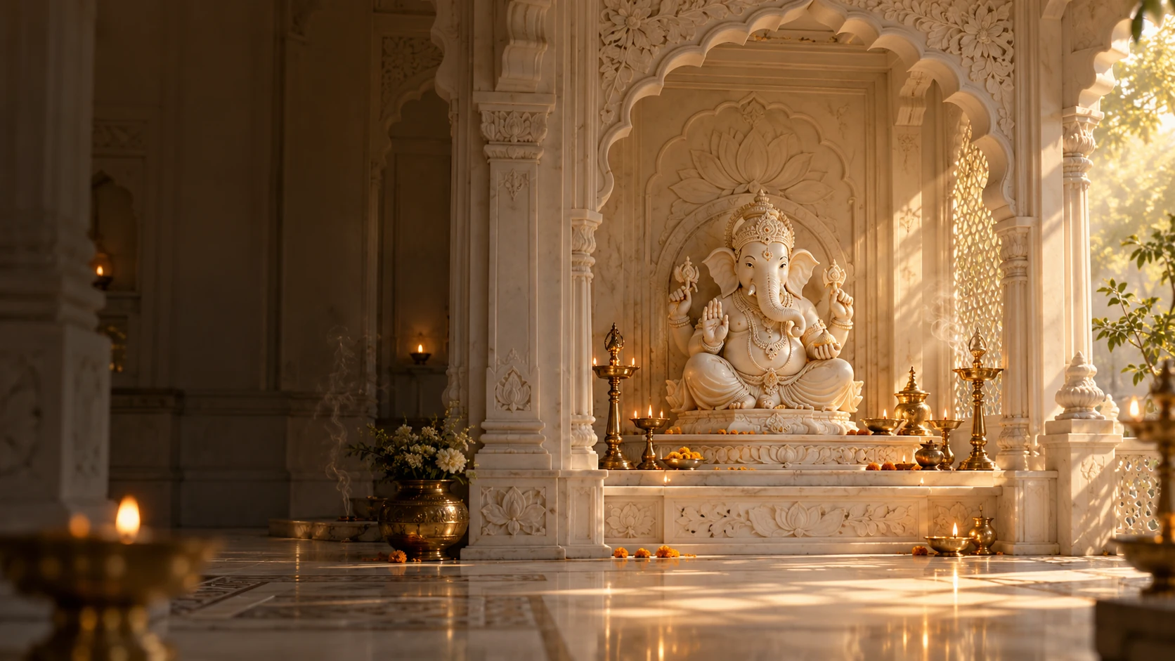 Illustrative marble Ganesha sanctuary lit by diyas